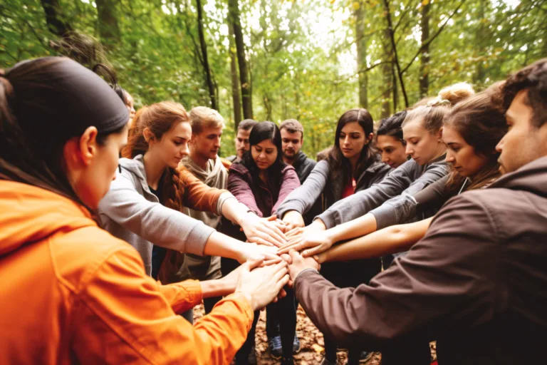 A group on a team building retreat rallying together in nature - Types of Retreats concept image