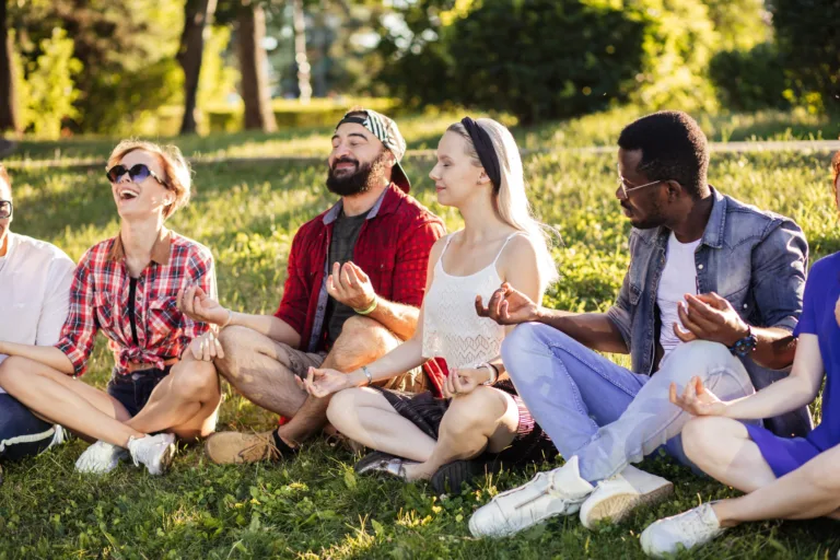 Group on a spiritual healing retreat. Plan a spiritual retreat, concept image.