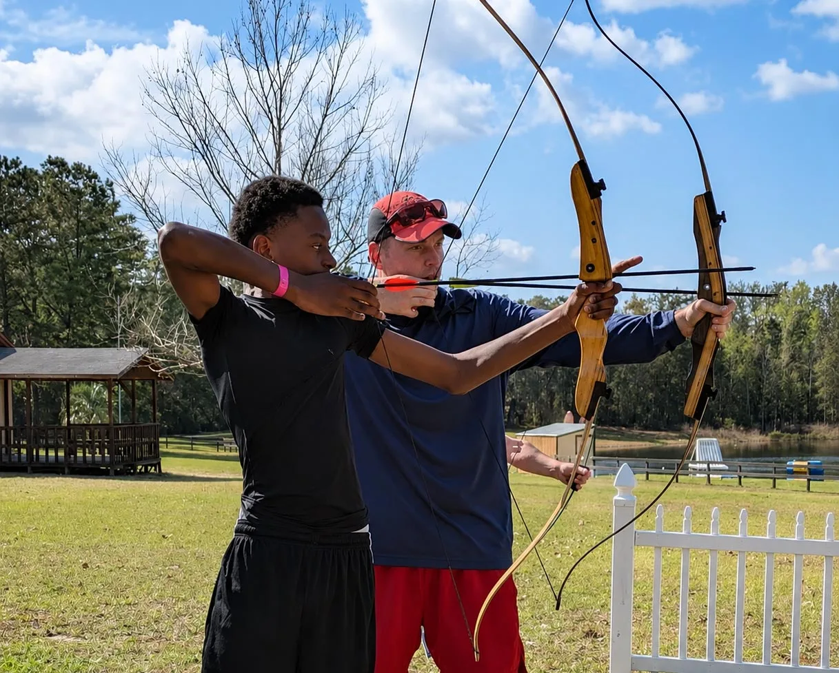 Two people pulling back the draw string on bows